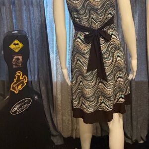 Iz Byer Patterned Midi Dress with Brown and Blue Accents